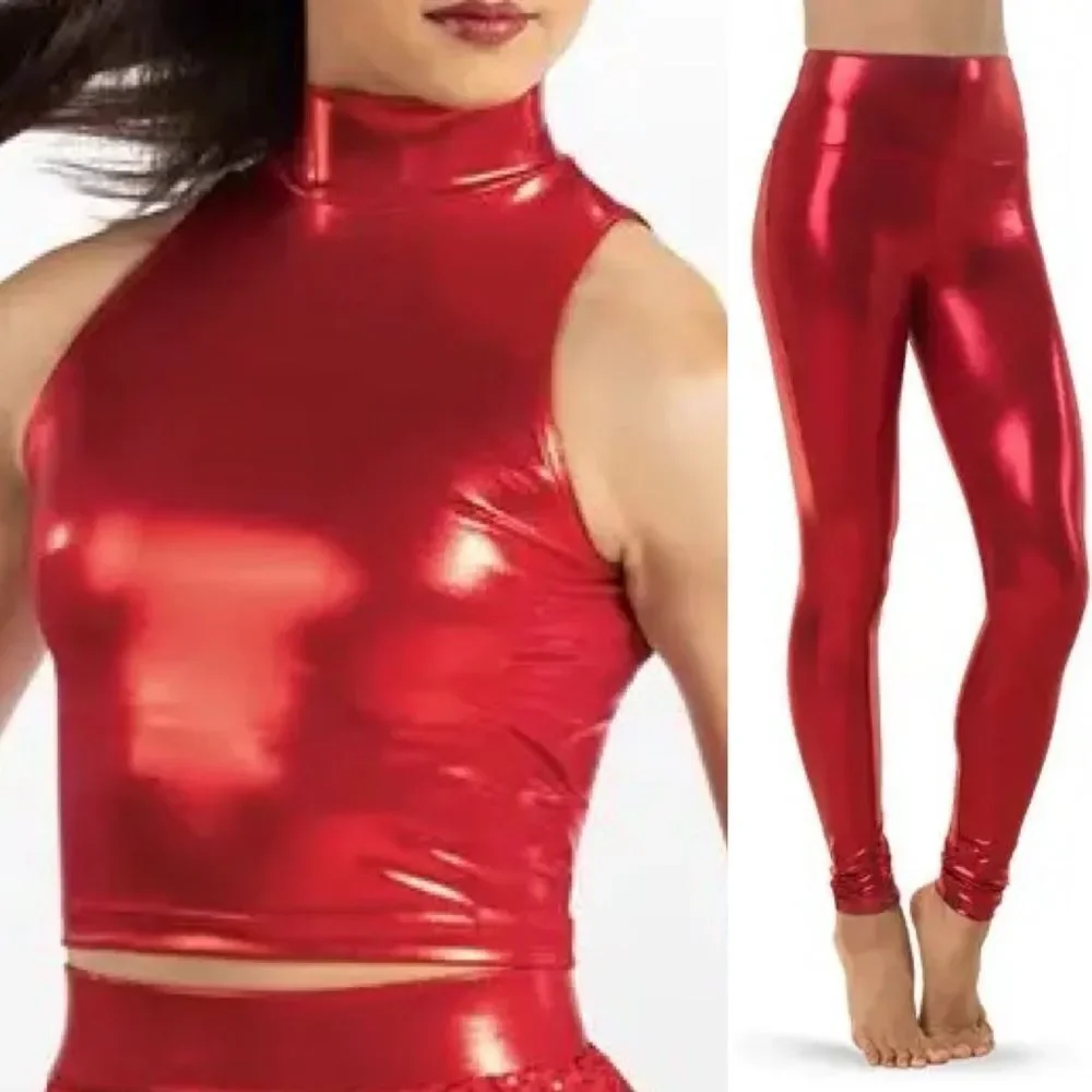 WEISSMAN Balera Dance Costume 2 piece red Cropped Metallic pants 14826 ML9756 SA